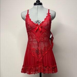 La La Cheri Paris Red Lace Babydoll Lingerie NWT Nordstrom Sheer Chemise Size M